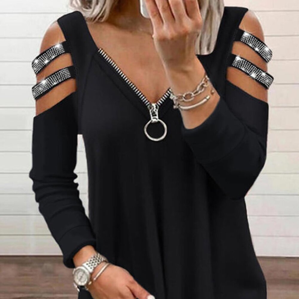 NWOT Black Cold-Shoulder Tunic Top with Zip and Embellished Straps